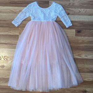 Tulle & Lace 3/4 Sleeve V Neck Back Formal White & Blush Dress